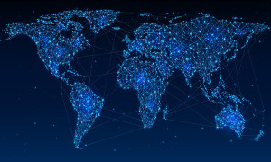 Global Telecommunications World Network on Map Abstract illustration of global social communication polygonal map with hot points network connection. Contains transparency