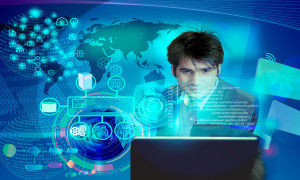 illustration of software engineer analyzing the code with enterprise system integration concept, this also used for business man reviewing annual results, architect presenting software designs