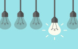 Row of five hanging lightbulbs with one burning on blue background. Inspiration discovery idea and insight concept. Flat design. Vector illustration. EPS 8 no transparency