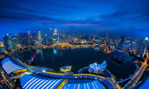 Out side view for Marina bay sand buildng hotel office bank and center of business in Singapore with sunset