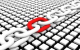 BLOCK CHAIN with red link on box background 3D illustration