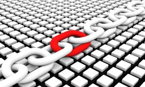 BLOCK CHAIN with red link on box background 3D illustration