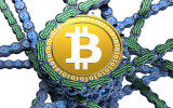 computer blockchain with bitcoin isolated on white 3d illustration