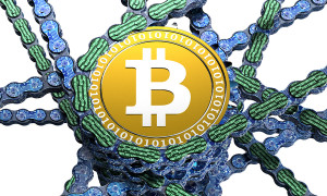 computer blockchain with bitcoin isolated on white 3d illustration