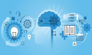 Flat line design website banner of learning process, brain process, creativity, innovation, learn to think. Modern vector illustration for web design, marketing and print material.