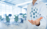 Human resources pool customer care care for employees labor union life insurance employment agency and marketing segmentation concepts. Gesture of businessman or personnel and icons representing group of people. Wide banner composition office in backgroun