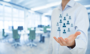 Human resources pool customer care care for employees labor union life insurance employment agency and marketing segmentation concepts. Gesture of businessman or personnel and icons representing group of people. Wide banner composition office in backgroun