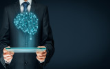 Artificial intelligence (AI), data mining, expert system software, machine deep learning, neural networks and another modern computer technologies concepts. Brain representing artificial intelligence with printed circuit board (PCB) design