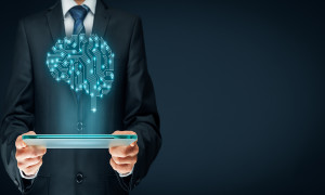 Artificial intelligence (AI), data mining, expert system software, machine deep learning, neural networks and another modern computer technologies concepts. Brain representing artificial intelligence with printed circuit board (PCB) design