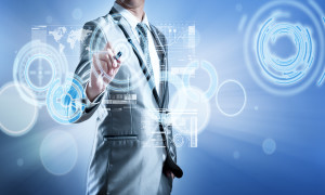 Business man in blue grey suit using digital pen working with digital virtual screen business concept of marketing strategy plan