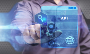 Business Technology Internet and network concept. Young businessman working on a virtual screen of the future and sees the inscription: API