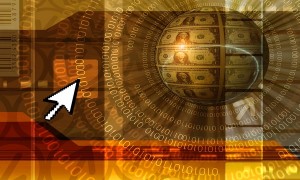 abstract background with barcode binary data leaks and money sphere - financial and e-commerce concept