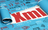 Programming concept: red text Xml under the curled piece of Blue torn paper with Hand Drawn Programming Icons, 3D rendering