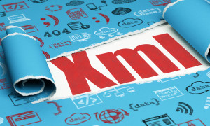 Programming concept: red text Xml under the curled piece of Blue torn paper with Hand Drawn Programming Icons, 3D rendering