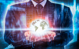 Business man hold digital business world on stock market financial. Digital business on stock market financial LED concept. Double exprosure of business man hold business world on digital stock market financial. Abstract business background