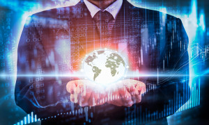 Business man hold digital business world on stock market financial. Digital business on stock market financial LED concept. Double exprosure of business man hold business world on digital stock market financial. Abstract business background