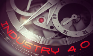 Old Pocket Watch with Industry 4.0 on the Face, Symbol of Time. Industry 4.0 on Face of Men Wristwatch, Chronograph Close-Up. Business and Work Concept with Lens Flare. 3D Rendering.