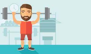 A handsome caucasian man lifting a barbell with fitness attire inside the gym. Contemporary style with pastel palette, soft blue tinted background. Vector flat design illustrations. Horizontal layout.