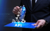 Business Technology Internet and network concept. Young businessman working on a virtual screen of the future and sees the inscription: API