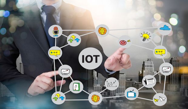 Iot Business Man Hand Working And Internet Of Things (iot) Word