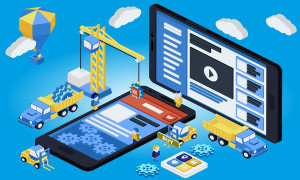 Mobile App Development Experienced Team. Flat 3d isometric. Vector illustration