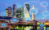 night city and wireless communication network, IoT Internet of Things and ICT Information Communication Technology concept