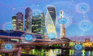 night city and wireless communication network, IoT Internet of Things and ICT Information Communication Technology concept