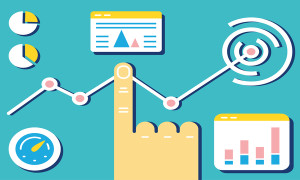 Flat linear design modern vector illustration of analytics and e-management of data on dashboard. Infographics banner