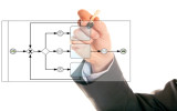 businessman drawing a bpmn, business process modelling notation, diagram
