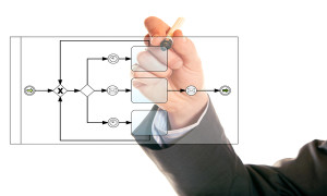 businessman drawing a bpmn, business process modelling notation, diagram