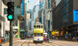 HONG KONG - OCTOBER 25: Public transport on the street on October 25 2015 in Hong Kong. Over 90% daily travelers use public transport. Its the highest rank in the world.