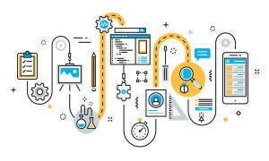 Flat line illustration concept of graph plan scheme algorithm step of mobile application development process app design programming coding building and debugging for website banner