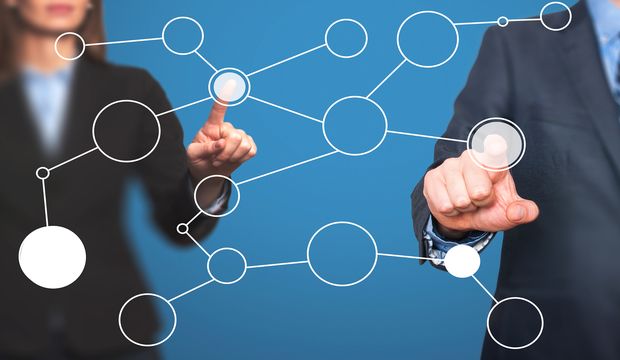 Business Man And Women Hand Drawing Blank Flow Chart On New Mode