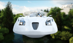 futuristic car flying over the city, town. Transport of the future. Aerial view. 3d rendering