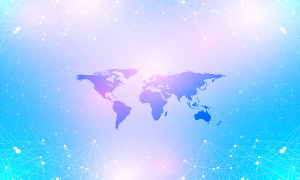 Political World Map with global technology networking concept. Digital data visualization. Scientific cybernetic particle compounds. Big Data background communication. Vector illustration