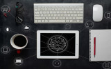 Online shopping and icon customer network connection on table screen .Wooden black office desk table on top view .