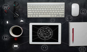 Online shopping and icon customer network connection on table screen .Wooden black office desk table on top view .