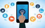 Concept of Smart House technology with app icons. Remote home control online.Smart Home Technology Internet networking concept. Internet of things/Smart home automation. Internet of things