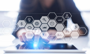 Virtual screen interface with applications icons. APPS. Work Business process in modern office. Strategy planning Internet technology concept.