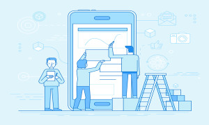 Vector illustration in trendy flat and linear style -mobile app design and user interface development concept - small people building application with blocks on the screen of the mobile phone - banner and infographics design template