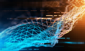 Complex technology network concept with big data and information visualized in polygons. 3D Illustration