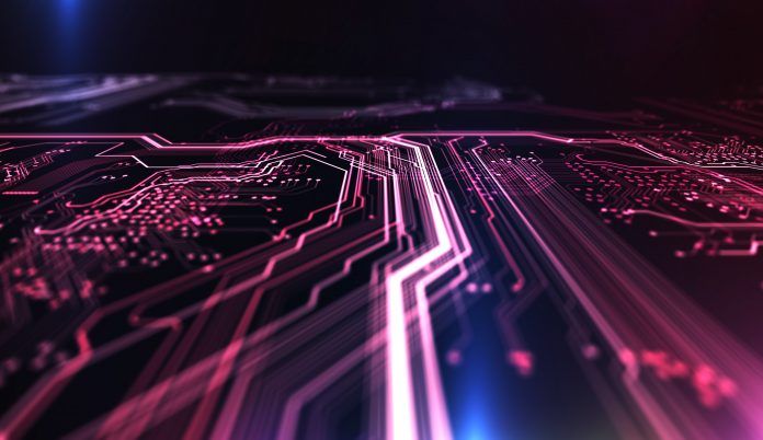 Technology background PCB and code. 3d Illustration