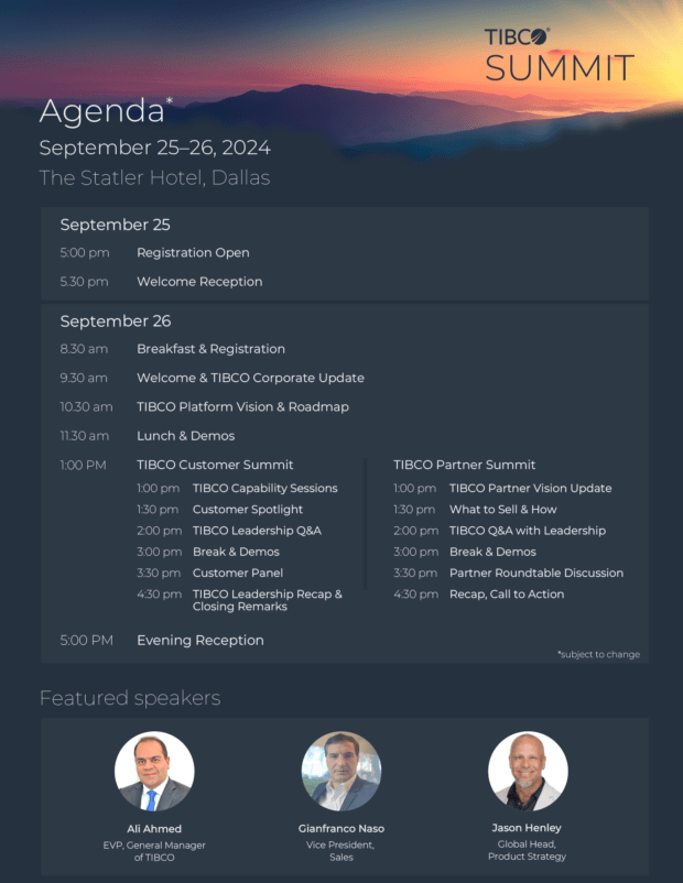 Agenda for the TIBCO Summit displayed prominently, outlining key topics and sessions for the event's attendees.