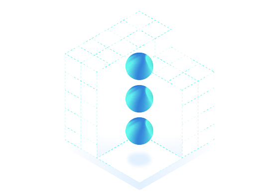 Three blue spheres inside a wireframe cube