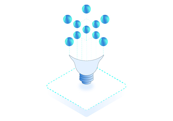 Light bulb with blue spheres above it.