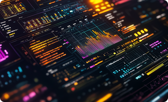 Colorful dashboard with charts, graphs, and data visualizations in dark theme.