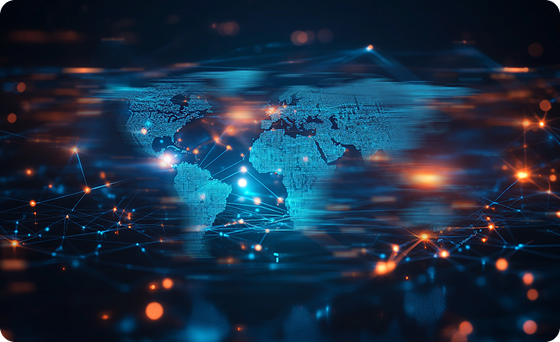 Digital world map with glowing network connections and orange light nodes on a dark background.