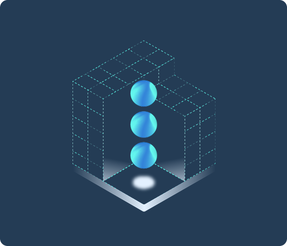 Three blue spheres inside a wireframe cube