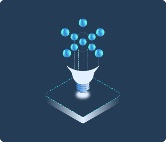 Light bulb with blue spheres above it.