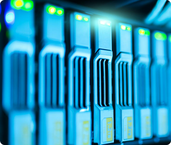 Close-up of server hard drives with indicator lights